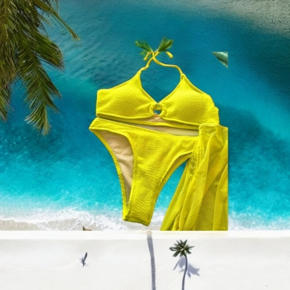 Bikini NEON yellow Size L COOL TEXTURE 3 PIECE SET
